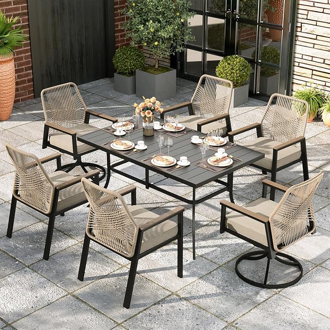 7 Pieces Outdoor Patio Dining Set, Wicker Patio Table and Chairs Set of 6 by MIXPATIO