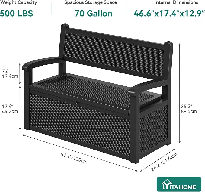 YITAHOME 70 Gallon Storage Bench Deck Box, Lockable Patio Bench, Waterproof - Image 7