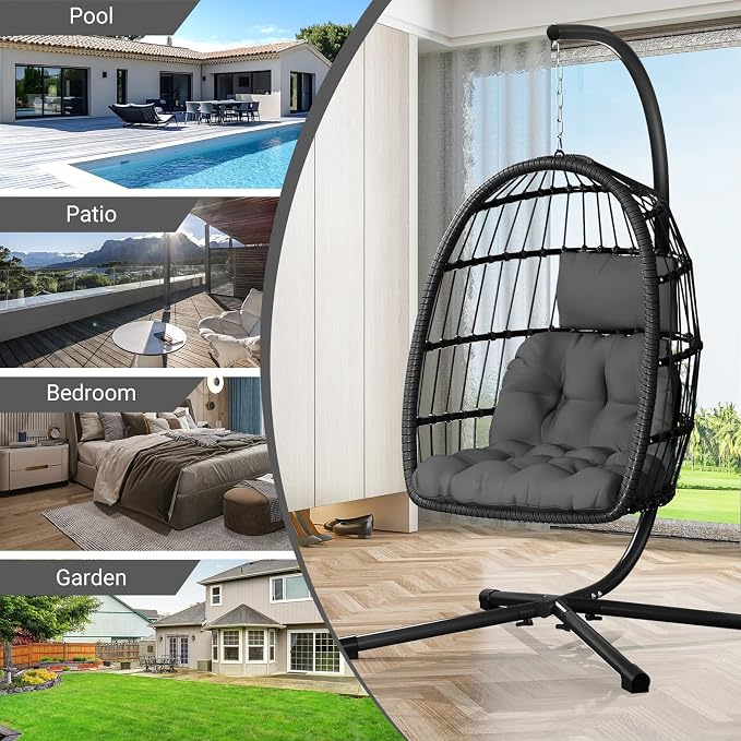 CHABATREE Egg Chair with Stand, Patio Rattan Wicker Hanging Swing Egg Chair - Image 6
