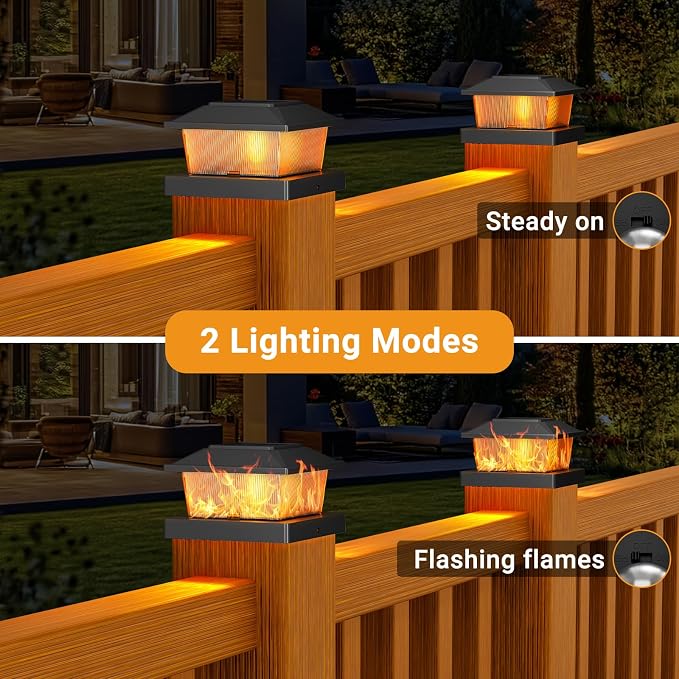 btfarm 4x4 Solar Flame Post Cap Lights Outdoor, 2 Pack Flickering Flame Deck - Image 2