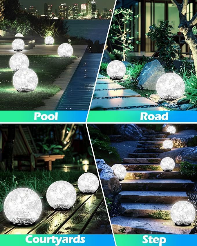 Coroor Garden Solar Ball Lights Outdoor Waterproof, 80 LED Cracked Glass Globe - Image 6