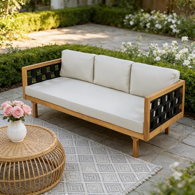 Merax 2 Piece Acacia Wood Outdoor Conversation Set, 3-Seater Outdoor Daybed Sofa - Image 3