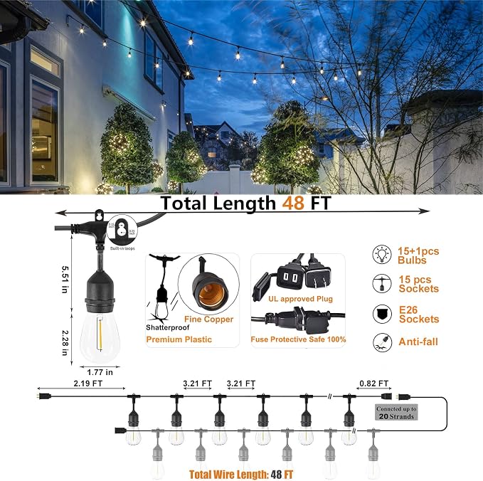 Achin Outdoor String Lights 48FT Dimmable Warm 2200K LED Patio Lights Outdoor - Image 2