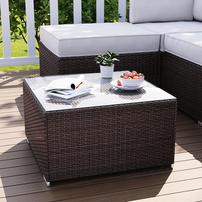COSIEST Outdoor Furniture Brown Wicker Glass-Top Coffee Table - Image 5