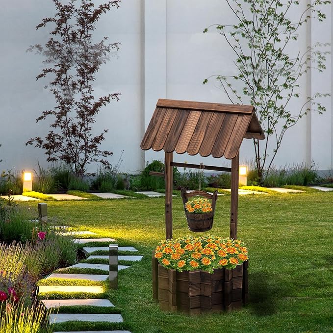 UDPATIO Rustic Solid Fir Wood Wishing Well Planter - Image 7
