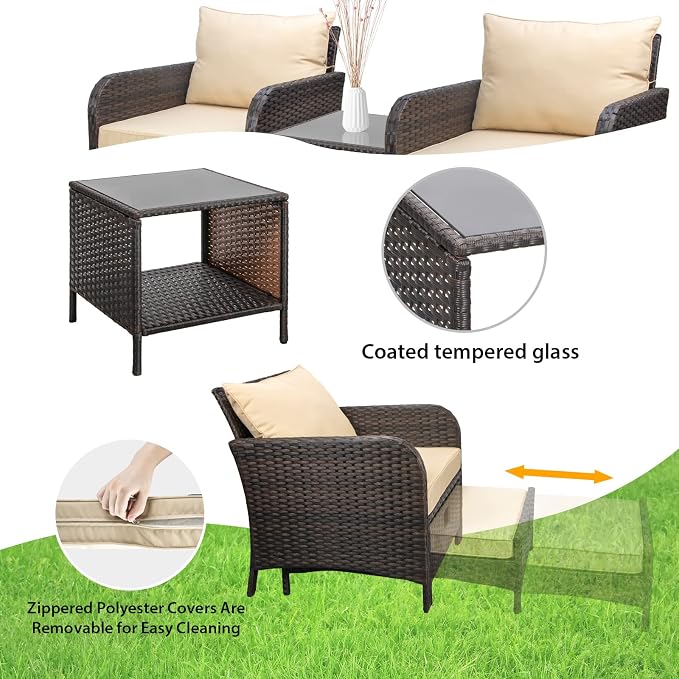 LEVELEVE Balcony Furniture 5 Piece Patio Conversation Set, PE Wicker Rattan - Image 5