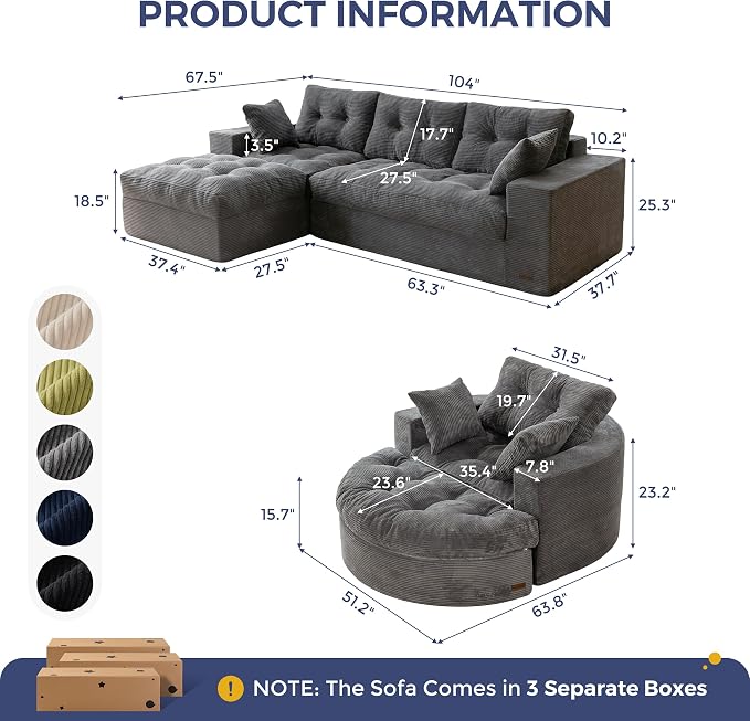 MAXYOYO L Shape Sectional Sofa Couch and Round Chaise Lounge, Modern Cloud Couch - Image 2