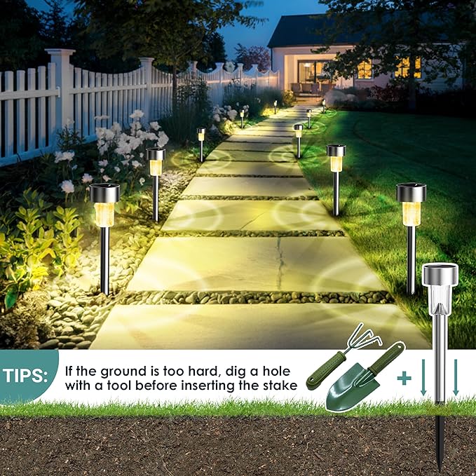 GIGALUMI Solar Lights Outdoor Waterproof, 12 Pack, Stainless Steel LED Solar - Image 3
