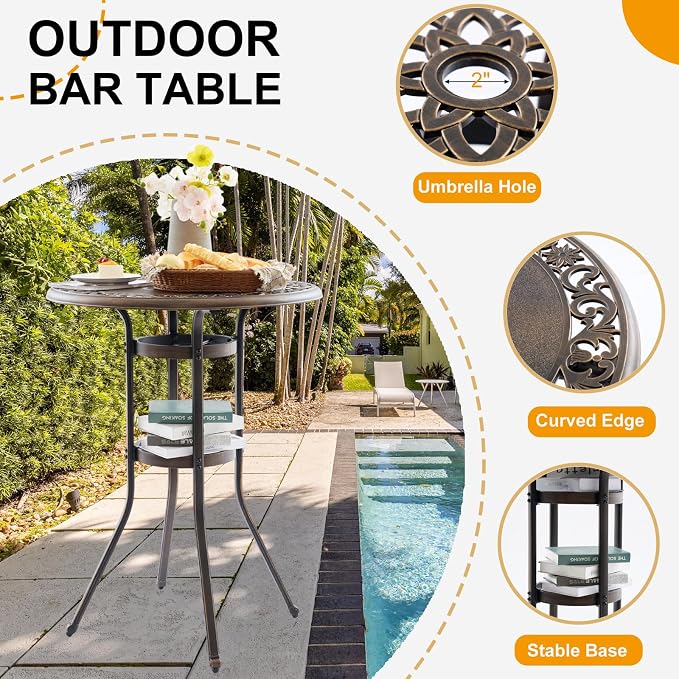 3-Piece Outdoor Bar Height Dining Set, Cast Aluminum Swivel Bar Stools - Image 4