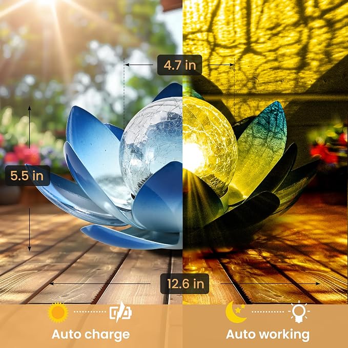 GIGALUMI Solar Light Outdoor Garden Decor, Lotus Flower Light Crackle Globe - Image 6