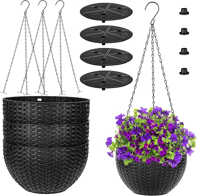 Foraineam 4 Pack Black Hanging Planters, 8.2 inch Hanging Flower Basket Planter - Image 2