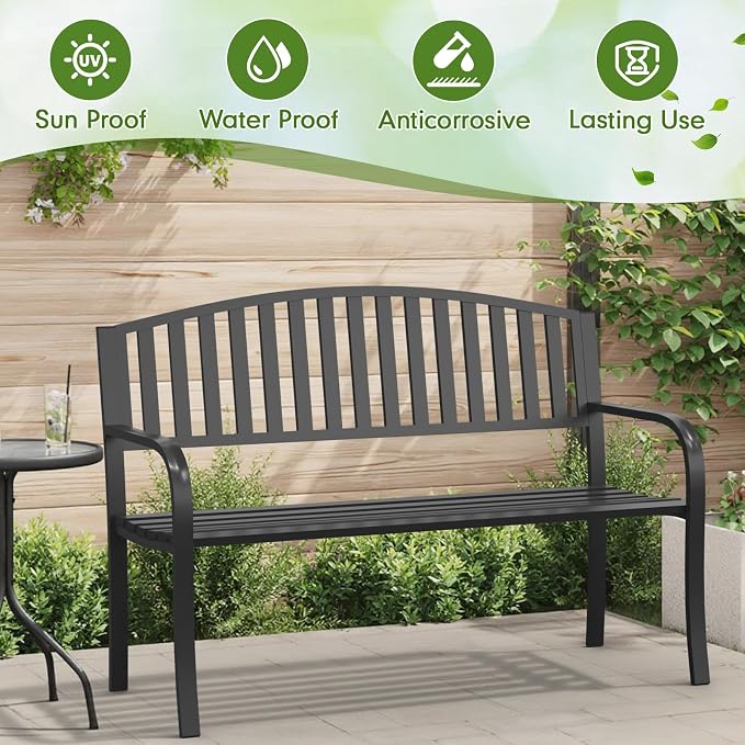 50" Outdoor Bench, Heavy-Duty Metal Frame Graden Bench, Weatherproof Patio Park - Image 7
