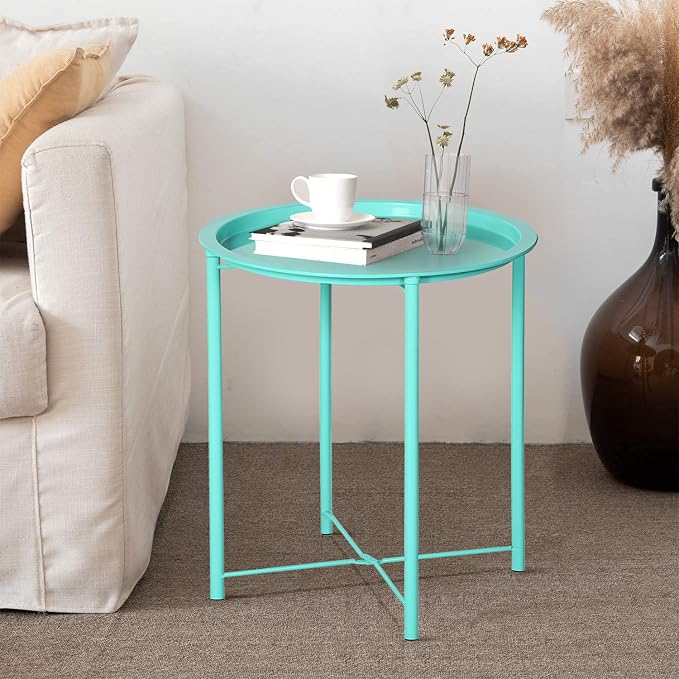 VECELO Side/End Table, Folding Round Metal Anti-Rust and Waterproof Outdoor or - Image 5