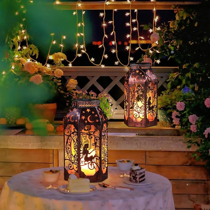 Solar Lanterns Outdoor Garden Hanging Lantern Waterproof LED Metal Bronze Moon - Image 3