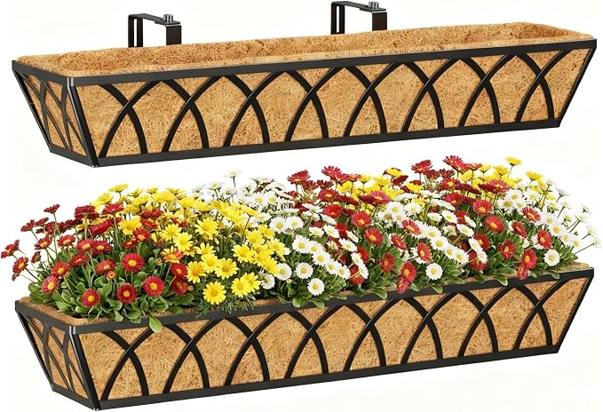 30 Inch Window Deck with Coco Liner, Fence Metal Hanging Flower Planter Window by YM