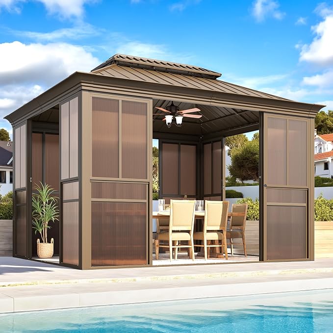 EROMMY 10' X 12' Hardtop Sunroom, Galvanized Steel Double Roof Gazebo Solarium by EROMMY
