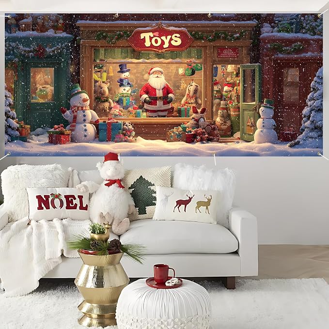 Santa Store Garage Door Decorations 6x13FT, Christmas Window Display Backdrop - Image 5