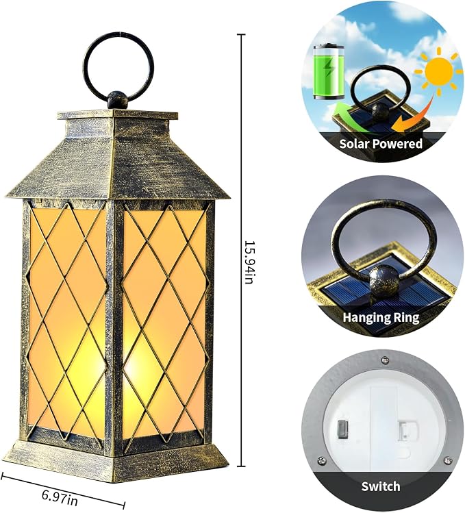 18" Solar Lantern with Flickering Flame Light, Large Outdoor Waterproof Solar - Image 4