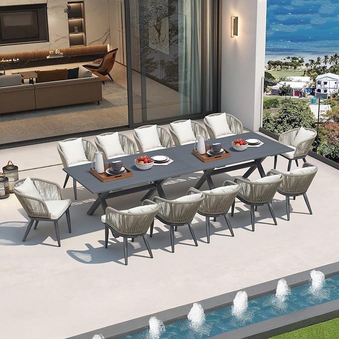 PURPLE LEAF 14 Pieces Patio Dining Set Wicker Outdoor Furniture Rectangular by PURPLELEAF
