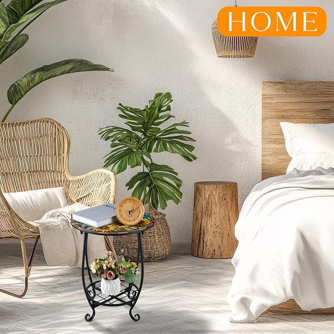 Outdoor Side Table Round Small Mosaic Patio Accent Indoor End Plant Coffee Tea - Image 6