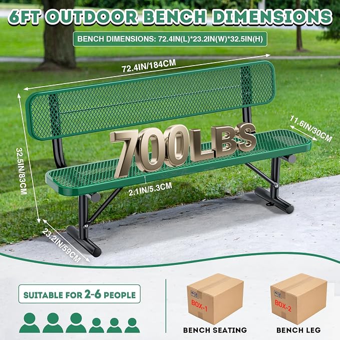 6FT/72INCH Heavy Duty Metal Park Bench - Image 3