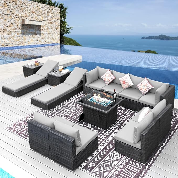 NICESOUL 13 Piece Outdoor Sectional w/Fire Pit Table, Luxury Modular Patio by NICESOUL