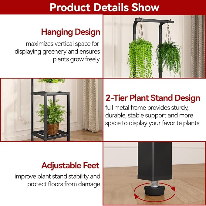 IBUYKE 67 Inch Tall Plant Stand Indoor Outdoor, 3 Tier Metal Hanging Plant Shelf - Image 3