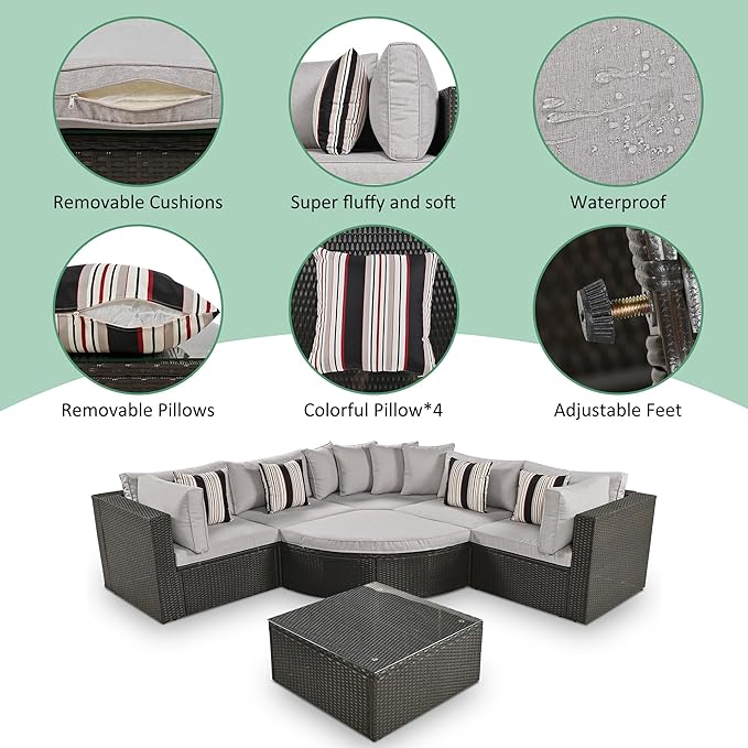 Merax 7-Piece Outdoor Wicker Sectional Sofa Set, Modular Rattan Conversation Set - Image 3