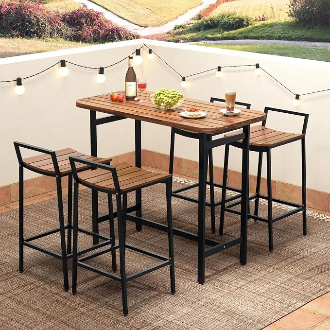 Tangkula 5 Piece Acacia Wood Bar Table Set, Outdoor Bar Height Table & Chairs - Image 2