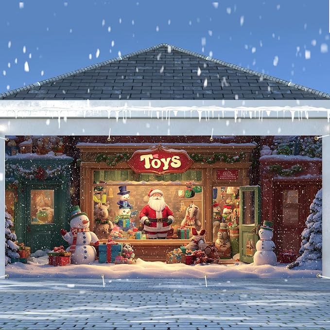 Santa Store Garage Door Decorations 6x13FT, Christmas Window Display Backdrop - Image 2
