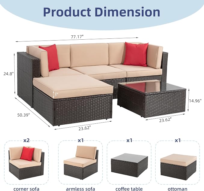 Vongrasig 5 Piece Patio Furniture Sets, All-Weather PE Rattan Wicker Outdoor - Image 3