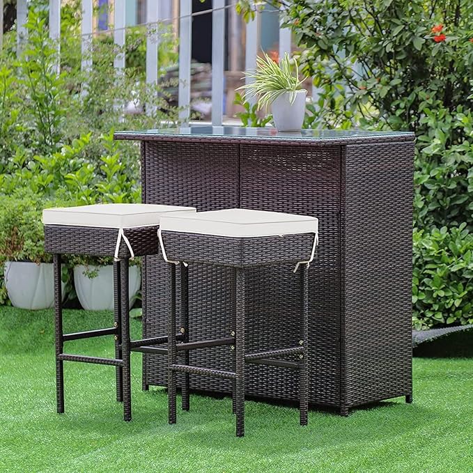 HAPPYGRILL 3PCS Patio Bar Set Rattan Wicker Bar Stools & Table - Image 2