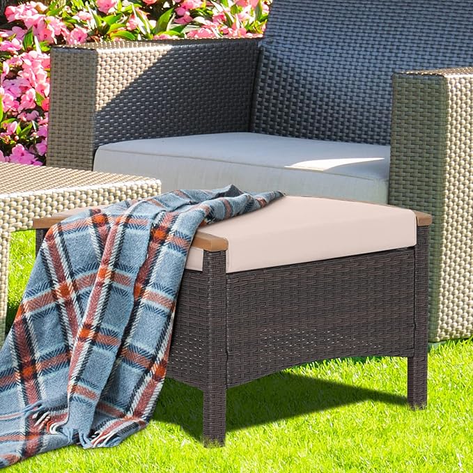 Tangkula 2 Piece Patio Rattan Ottomans, Outdoor Wicker Footstool w/Acacia Wood - Image 3