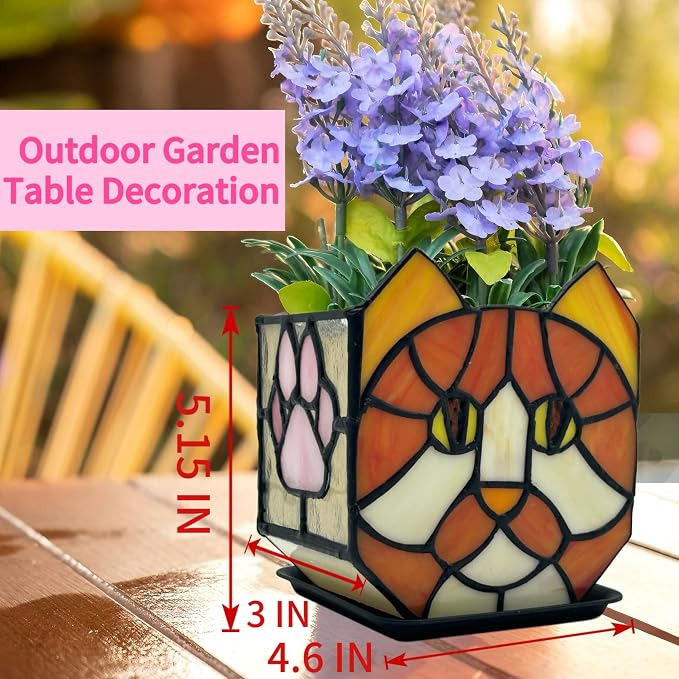 Stained Glass Orange Cat Planter, Indoor Flower Pots - Image 7