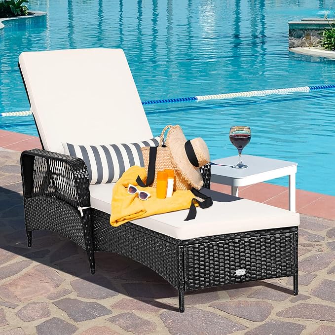 COSTWAY PE Rattan Chaise Lounge Chair Armrest Recliner Adjustable Pillow Black - Image 4