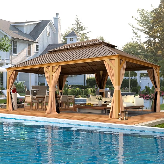 EROMMY 12'x22' Gazebo, Wooden Finish Coated Aluminum Frame Pergola by EROMMY