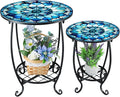 2 Pcs Outdoor Side Table Small Patio Round Mosaic Accent Indoor End Table Plant by Cinnvoice