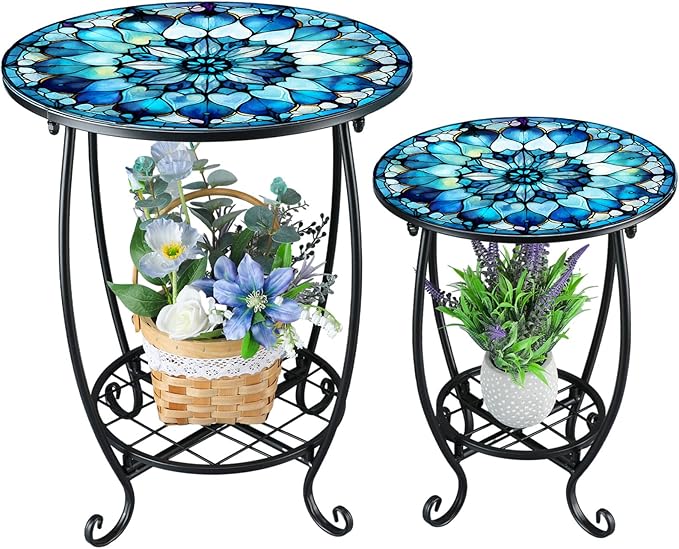 2 Pcs Outdoor Side Table Small Patio Round Mosaic Accent Indoor End Table Plant by Cinnvoice