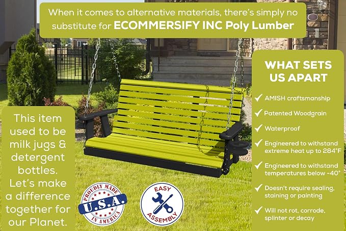 Poly Lumber Wood 5FT Porch Swing Amish Craftsmandship Made in USA HDPE - Image 3