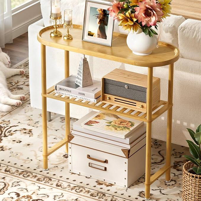Small Entryway Table Bamboo 30.7", Narrow Hallway Table Oval Top 2-tier by Atoping