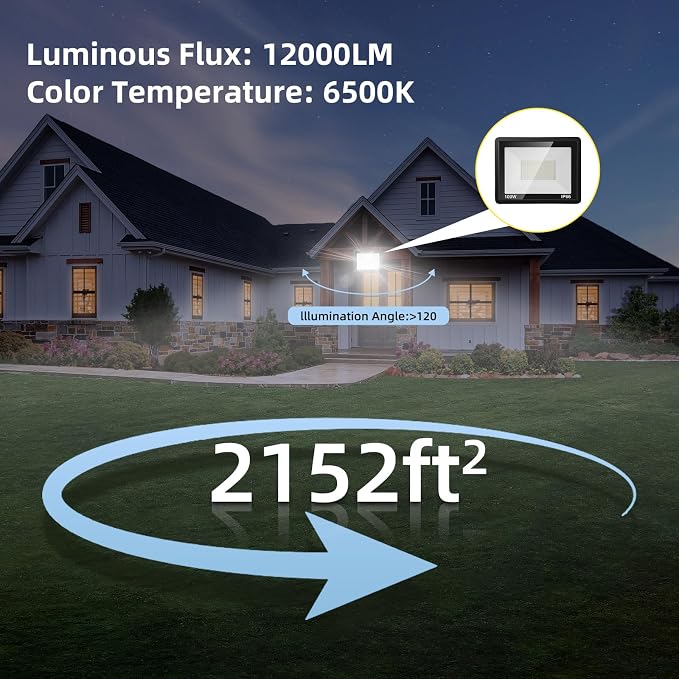 100W Flood Lights Outdoor, 12000LM Bright LED Work Light, IP66 Waterproof - Image 4