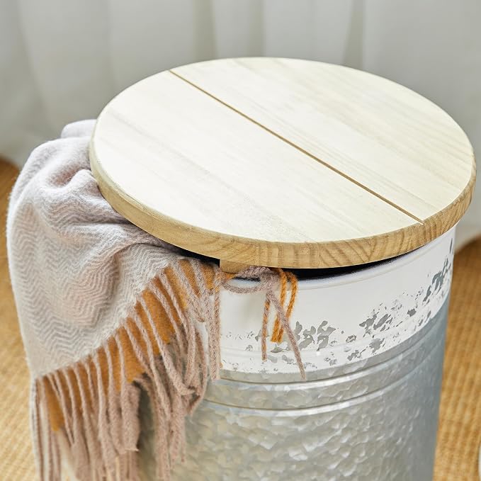 Glitzhome Rustic End Table Set of 2, Farmhouse Galvanized Metal Barrel Ottoman - Image 9
