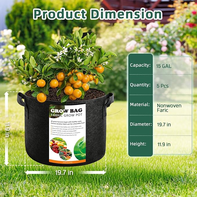 5 Pack 15 Gallon Grow Bags, Thickened Aeration Nonwoven Fabric Planting Bags - Image 2