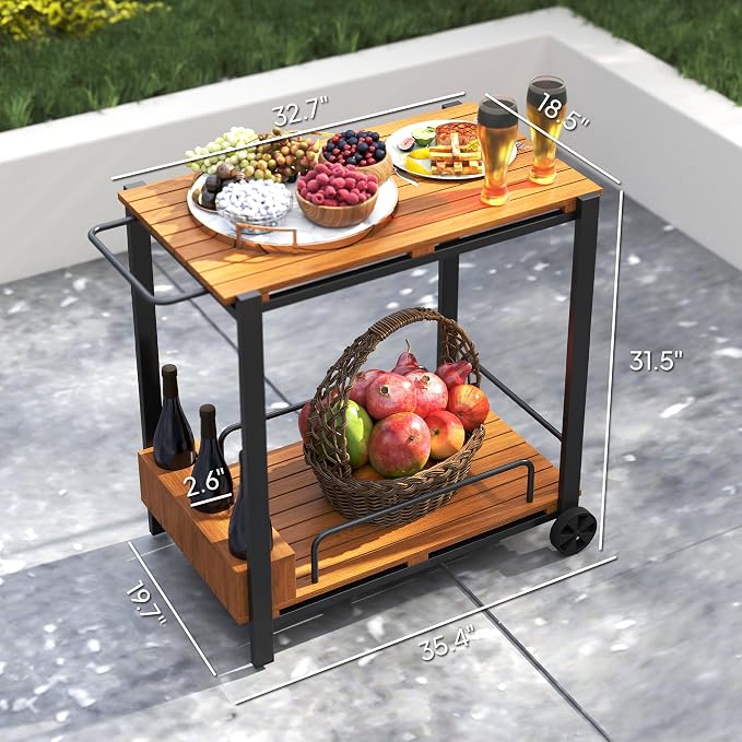 Outsunny Acacia Wood Outdoor Bar Cart, Rolling 2-Tier Outdoor Bar Table - Image 7