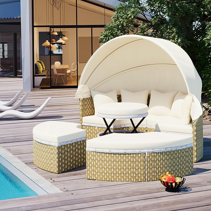 Merax Patio Furniture Round Outdoor Sectional Sofa Set, Rattan Daybed Two-Tone - Image 7