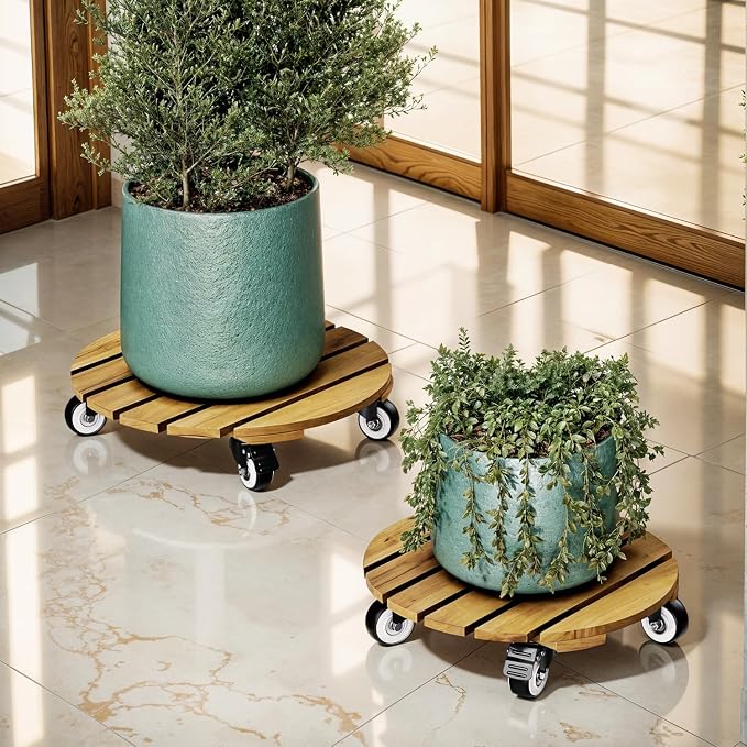 Idzo Combo 12 Inch and 14 Inch Acacia Wood Rolling Round Planter Caddies - Image 2