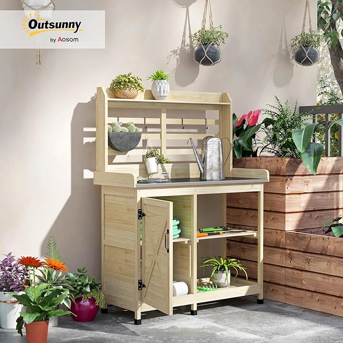 Outsunny Outdoor Wooden Potting Bench Table, Garden Workstation - Image 2