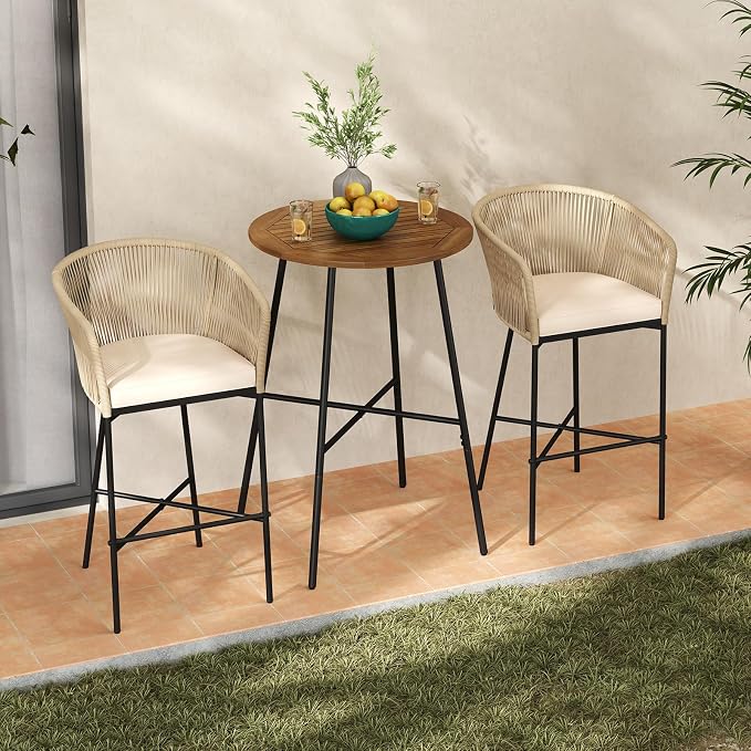 Tangkula 3 Pieces Rope Woven Patio Bar Set, Outdoor High Table and Chairs Set - Image 8