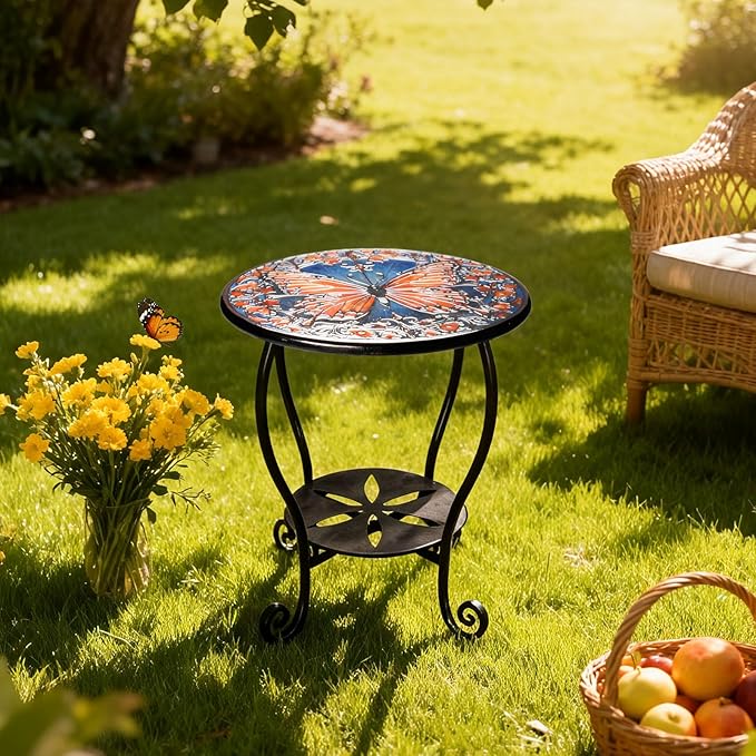 Outdoor Side Table Mosaic Patio Small End Table Metal Coffee Tea Accent Table by HugCoz