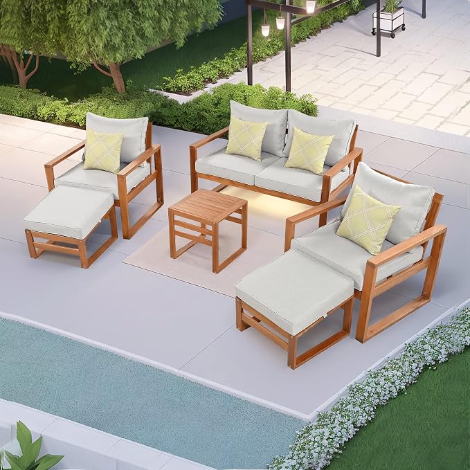 Outdoor Acacia Wood 6-Piece Conversation, Sectional Garden Seating Groups Chat - Image 2